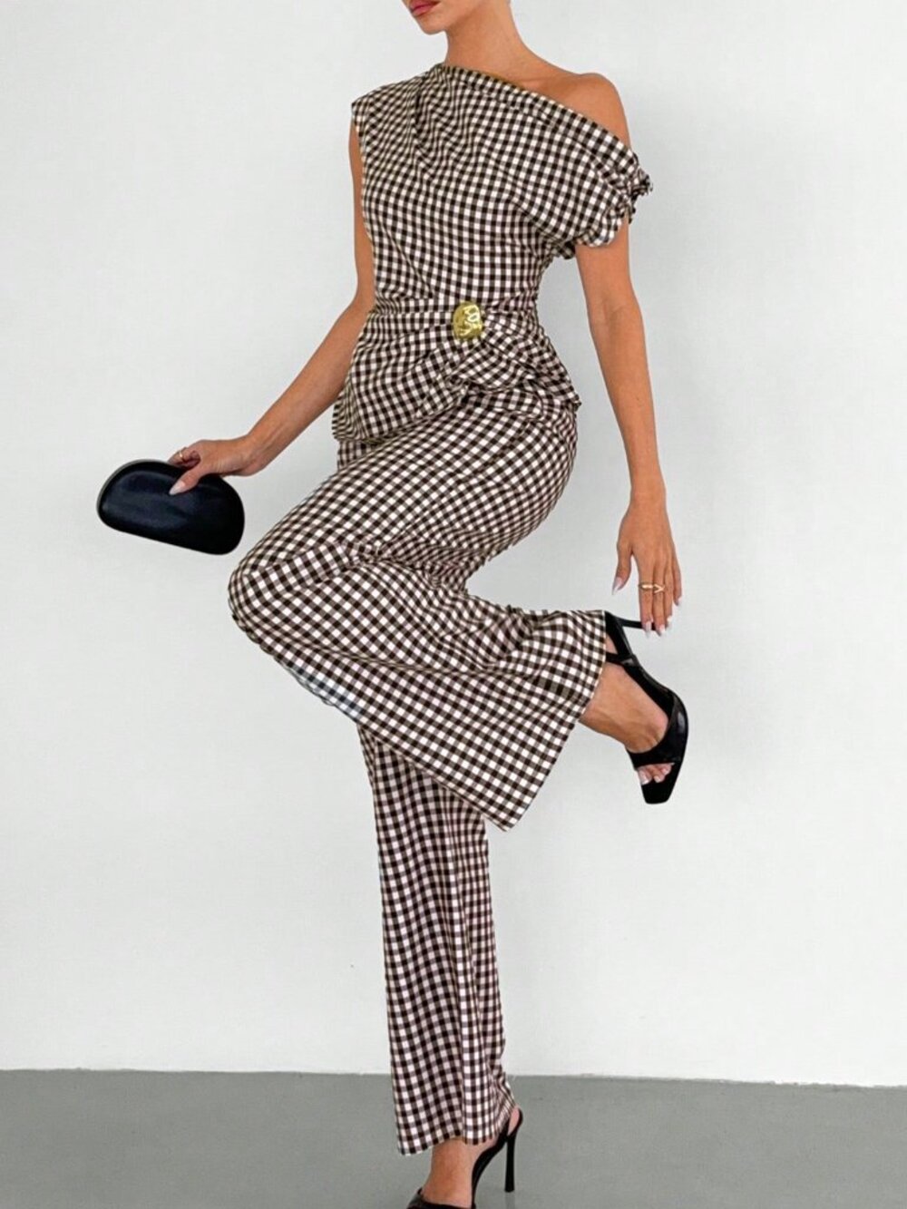 Brown Elegant Chic Plaid Women's One-Shoulder Peplum Top & Wide-Leg Pants Set - Picture 4 of 7